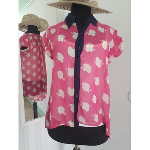 Dresscode Chiffon Sheer Pink Apple Print Collared Hi-Low Hem Button Blouse S-M